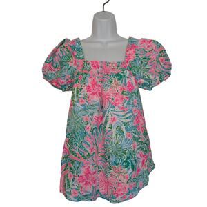 Lilly Pulitzer Women Tops, "Keating" Amalfi Blue Leaf It Wild Linen Blouse, 6